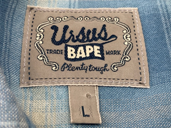 アベイシングエイプ A BATHING APE URSUS BAPE オンブレ チェック オープンカラー シャツ レーヨン 青 長袖シャツ チェック ブルー Lサイズ 104MT-2037