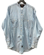 ダブルアールエル RRL 90s 三ツ星タグ SHIRT バンドカラー 猫目ボタン 胸ポケット ヴィンテージ VINTAGE ラルフローレン RALPH LAUREN コットン マレーシア製 ライトブルー 青 長袖シャツ 無地 ブルー Mサイズ 104MT-2026