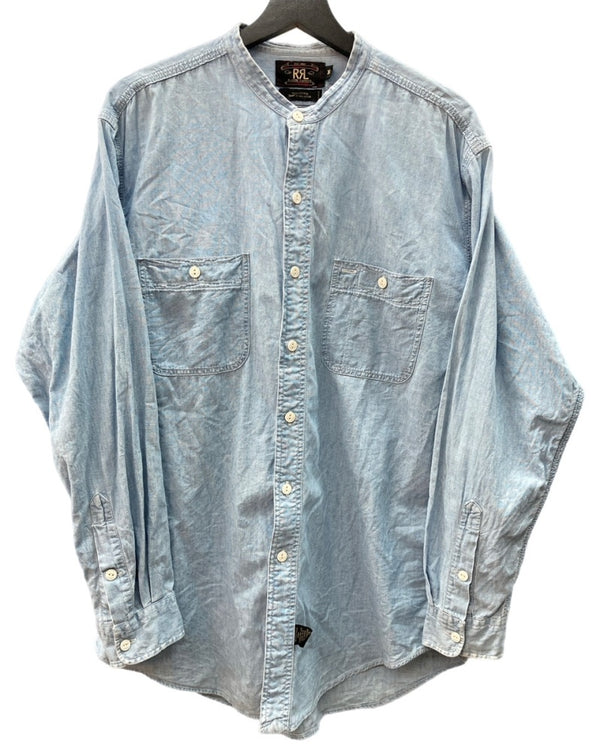ダブルアールエル RRL 90s 三ツ星タグ SHIRT バンドカラー 猫目ボタン 胸ポケット ヴィンテージ VINTAGE ラルフローレン RALPH LAUREN コットン マレーシア製 ライトブルー 青 長袖シャツ 無地 ブルー Mサイズ 104MT-2026