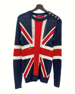 バルマン BALMAIN DAMAGE KNIT ダメージ ニット ユニオンジャック ショルダーボタン ダメージ加工 クルーネック 国旗 白 赤 紺 セーター 総柄 レッド Sサイズ 104MT-1082