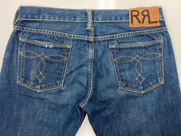 ダブルアールエル RRL DENIM PANTS デニム パンツ ボタンフライ ジーパン ジーンズ USA製 Ralph Lauren インディゴ 青 ロゴ デニム ブルー 29/34 104MB-237