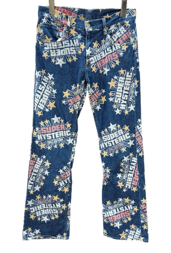 ヒステリックグラマー HYSTERIC GLAMOUR 初期タグ KINKY JEANS ストレートデニム STRAIGHT DENIM ロゴプリント スター 星 Y2K 平成 日本製 インディゴ 2AP-0752 デニム 総柄 ネイビー Mサイズ 104LB-50