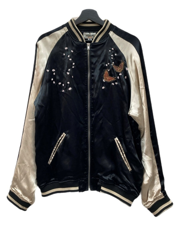 カラクリダマシイ 絡繰魂 枝垂れ桜刺繍 スカジャン 蝶 朧 和柄 ジップアップ アウター ジャケット 黒 223021 ジャケット 総柄 ブラック XLサイズ 104MT-1662