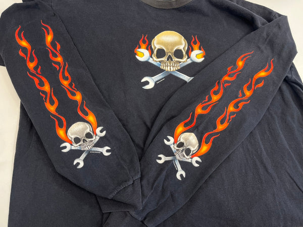 US US古着 00’s   スカルフレイム ドクロ モーターサイクル エンジン イーグル フレイム ファイヤーパターン 袖プリント 両面プリント VINTAGE ヴィンテージ - ロンT ブラック 101MT-4569