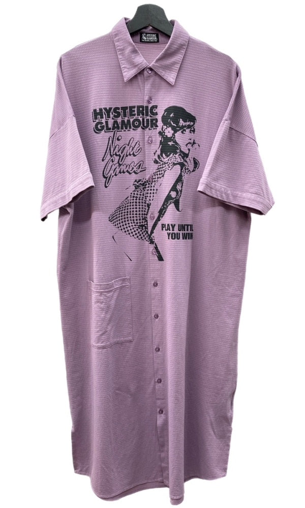 ヒステリックグラマー HYSTERIC GLAMOUR NIGHT GAMES ロングワンピース シャツ オーバーサイズ オーバーシルエット ヒスガール 日本製 PURPLE 紫 01211CO12 ワンピース プリント パープル フリーサイズ 104LT-200