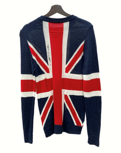 バルマン BALMAIN DAMAGE KNIT ダメージ ニット ユニオンジャック ショルダーボタン ダメージ加工 クルーネック 国旗 白 赤 紺 セーター 総柄 レッド Sサイズ 104MT-1082