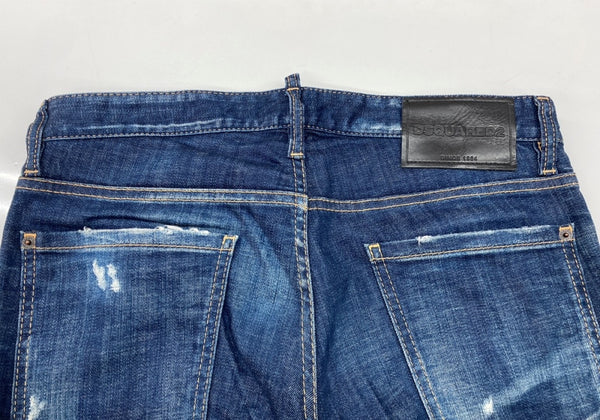 ディースクエアード DSQUARED2 22AW SLIM JEANS スリム ジーンズ デニム パンツ ダメージ加工 ボタンフライ 紺 ワンポイント S74LB1152 S30342 デニム ネイビー サイズ46 104MB-393