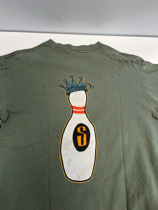ステューシー STUSSY USA製 OLD STUSSY KINGPIN GEAR ボーリングピン キングピン プリントTシャツ Tシャツ カーキ Mサイズ 101MT-5177