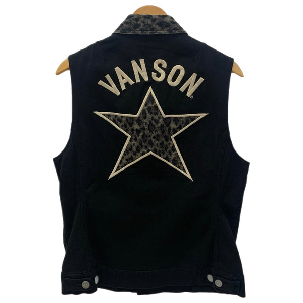 バンソン VANSON ワンスター刺繍 ヒョウ柄切替 ブラックデニムベスト NVSV-2401 Lサイズ 201MT-4084