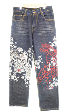 リュウギアッサク 流儀圧搾  花鳥風月和柄 刺繍  花柄 デニムパンツ デニム ブルー 32 103MB-682