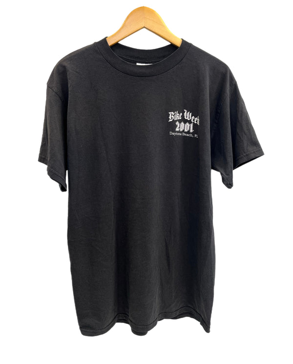 US US古着 00’s BIKE WEEK 2001 モーターサイクル アメリカンバイク ピンナップガール 両面プリント VINTAGE ヴィンテージ Tシャツ ブラック Lサイズ 101MT-4570