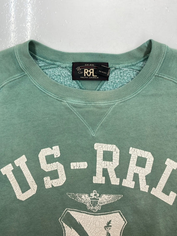 ダブルアールエル RRL PRINT LOGO SWEAT SHIRT プリント ロゴ スウェット シャツ トレーナー 加工 長袖 Ralph Lauren 緑 スウェット プリント グリーン Sサイズ 104MT-1487