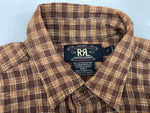 ダブルアールエル RRL 90s 三ツ星タグ SHIRT ステンカラー フロントボタン 胸ポケット ヴィンテージ VINTAGE ラルフローレン RALPH LAUREN コットン モーリシャス製 BROWN 茶色  長袖シャツ チェック ブラウン Sサイズ 104MT-2028