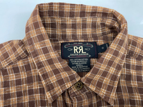 ダブルアールエル RRL 90s 三ツ星タグ SHIRT ステンカラー フロントボタン 胸ポケット ヴィンテージ VINTAGE ラルフローレン RALPH LAUREN コットン モーリシャス製 BROWN 茶色  長袖シャツ チェック ブラウン Sサイズ 104MT-2028