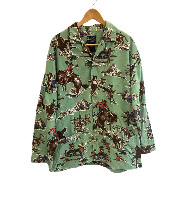 ヴィンテージ vintage Nick & Nora sleepwear ニック&ノラ パジャマシャツ フランネル カウボーイ柄 長袖シャツ グリーン Lサイズ 101MT-5421