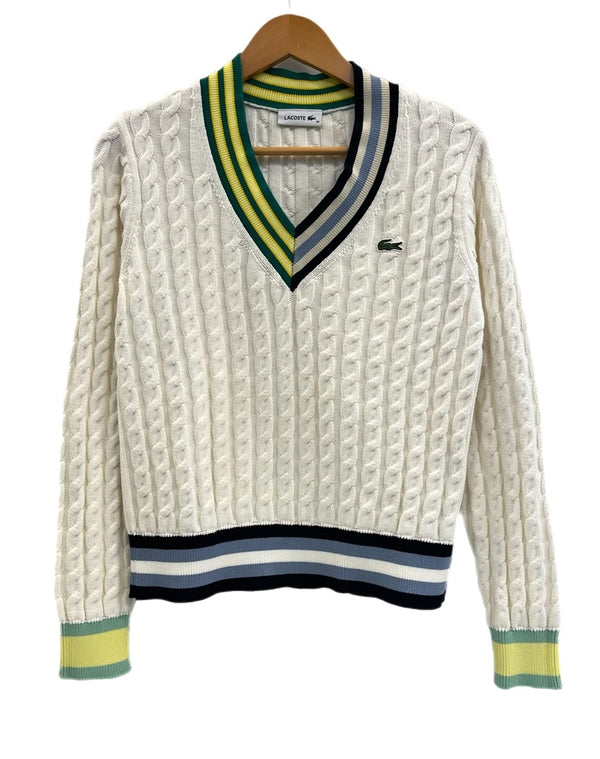 ラコステ LACOSTE アシンメトリー ケーブルニット テニスセーター Ｖネックセーター 白 AF1187 セーター ホワイト サイズ38 101LT-162