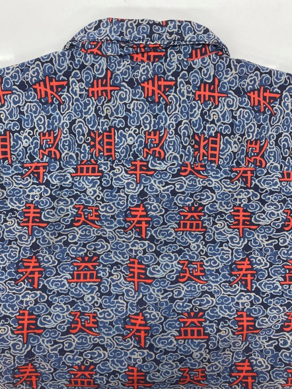 ラルフローレン RalphLauren POLO JEANS 90s 00s OPEN COLLAR SHIRT オープン カラー シャツ アロハ パートナー21 和柄 開襟 漢字 半袖 青 半袖シャツ 総柄 ブルー Sサイズ 104MT-2351