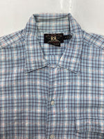 ダブルアールエル RRL 90s OPEN COLLAR SHIRT オープン カラー シャツ アロハ ハワイアン ワーク 半袖 開襟 三ツ星タグ Ralph Lauren 青 半袖シャツ チェック ブルー Mサイズ 104MT-1517