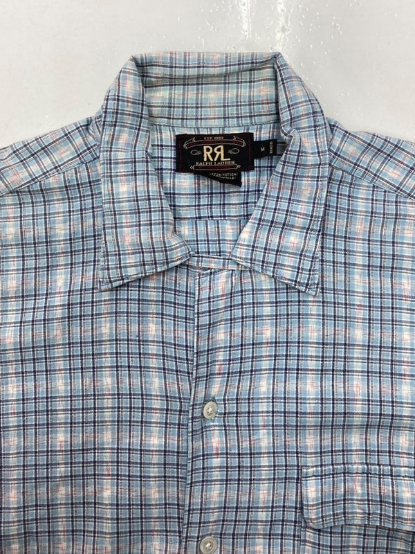 ダブルアールエル RRL 90s OPEN COLLAR SHIRT オープン カラー シャツ アロハ ハワイアン ワーク 半袖 開襟 三ツ星タグ Ralph Lauren 青 半袖シャツ チェック ブルー Mサイズ 104MT-1517