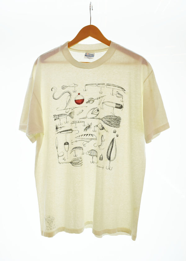 US US古着 USA製 AQUA IMAGES JON Q WRIGHT ルアー フィッシング アート プリント Tシャツ  46-48 Tシャツ ホワイト 103MT-2064