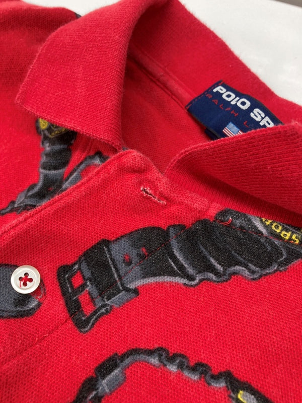 ラルフローレン RalphLauren POLO SPORT 90s CLOCK POLO SHIRT クロック ポロ シャツ USA製 腕時計 半袖 赤 半袖ポロシャツ 総柄 レッド Lサイズ 104MT-2350