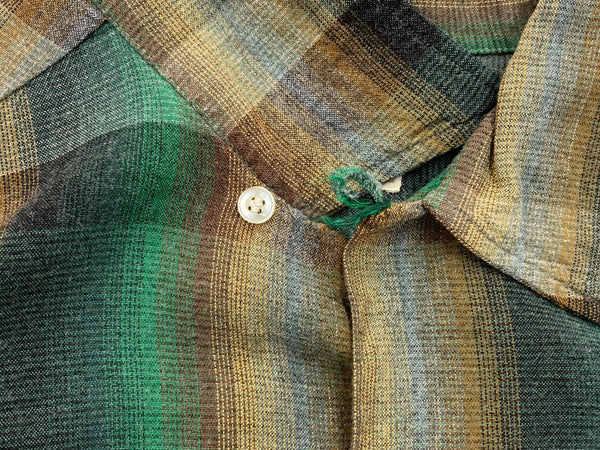 タウンクラフト TOWNCRAFT 60's 60年代 Plusタグ Vintage ヴィンテージ オンブレ チェック オープンカラー 開襟 グリーン ブラウン 長袖シャツ チェック マルチカラー Mサイズ 104MT-1789