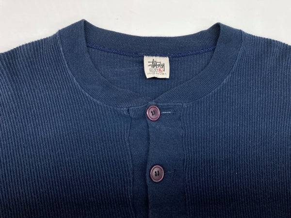 ステューシー STUSSY OLD 白タグ 90's 前期～中期 USA製 ヘンリーネック HENLEY NECK サーマル ワッフル 長袖 カットソー リブ NAVY 紺 ロンT 無地 ネイビー Lサイズ 104MT-1774