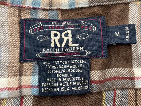 ダブルアールエル RRL 90s 90年代 三ツ星タグ フランネル ネルシャツ オープンカラー 開襟 ボックスカット 茶色 長袖シャツ チェック ブラウン 104MT-2016