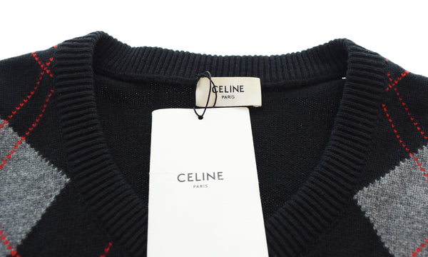 セリーヌ Céline Argyle アーガイル柄 Vネック ウール 長袖ニット セーター  ブラック SSサイズ 103MT-3435