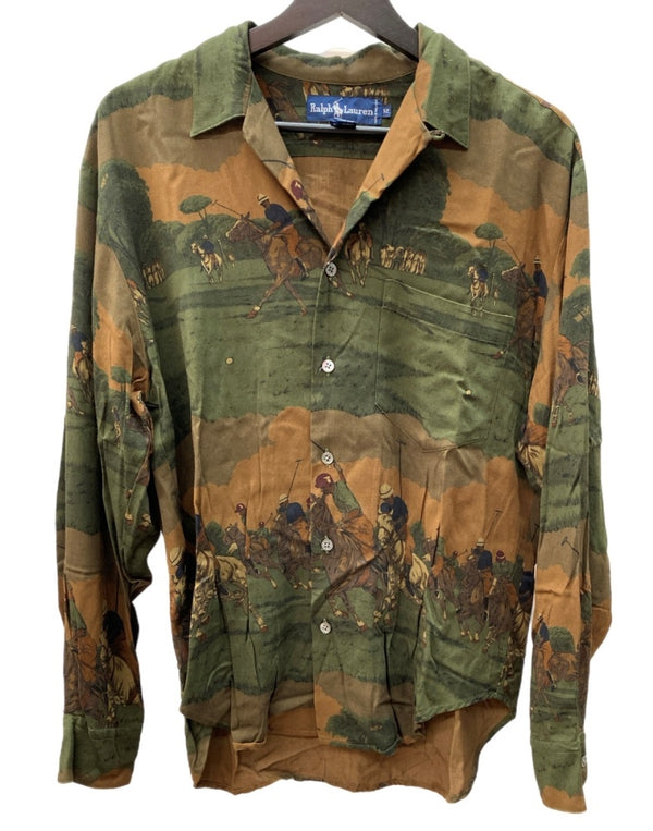 ラルフローレン RalphLauren 90's 90年代 オープンカラー 開襟 ステンカラー フロントボタン レーヨン 馬 HORSE ヴィンテージ VINTAGE マレーシア製 グリーン系 ブラウン系 SIZE12 長袖シャツ 総柄 マルチカラー 104MT-2038