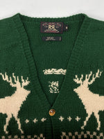 ダブルアールエル RRL 90s WOOL VEST ウール ベスト カウチン ボタン Vネック HAND KNIT トナカイ柄 三ツ星タグ Ralph Lauren ラルフローレン 緑 ベスト 総柄 グリーン Mサイズ 104MT-1747