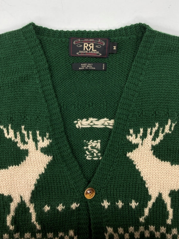 ダブルアールエル RRL 90s WOOL VEST ウール ベスト カウチン ボタン Vネック HAND KNIT トナカイ柄 三ツ星タグ Ralph Lauren ラルフローレン 緑 ベスト 総柄 グリーン Mサイズ 104MT-1747