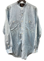 ダブルアールエル RRL 三ツ星タグ DENIM SHIRT デニム バンドカラー シャンブレー フロントボタン ヴィンテージ VINTAGE ラルフローレン RALPH LAUREN マレーシア製 ライトブルー 水色 長袖シャツ 無地 ブルー Sサイズ 104MT-1955