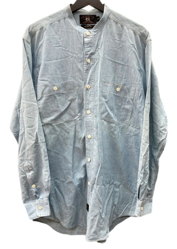 ダブルアールエル RRL 三ツ星タグ DENIM SHIRT デニム バンドカラー シャンブレー フロントボタン ヴィンテージ VINTAGE ラルフローレン RALPH LAUREN マレーシア製 ライトブルー 水色 長袖シャツ 無地 ブルー Sサイズ 104MT-1955