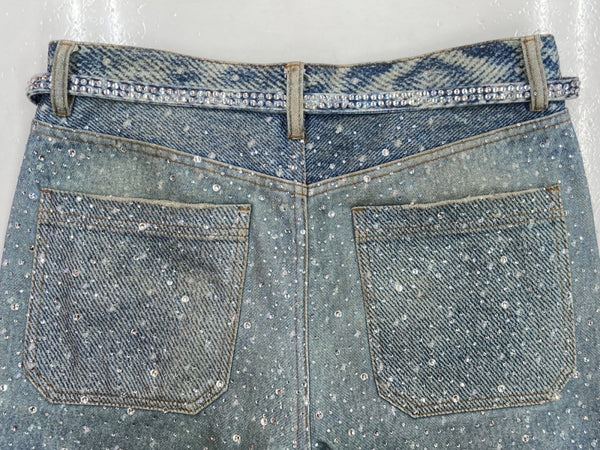 バースオブロイヤルチャイルド BIRTH OF ROYAL CHILD Washed Full Diamond Denim デニム パンツ スタッズ ビジュー スワロフスキー ジップフライ Gパン ジーンズ 青 総柄 デニム ブルー Mサイズ 104MB-259