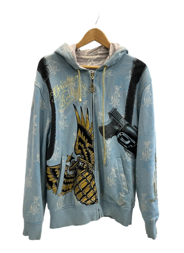 クリスチャンオードジェー Christian Audigier リバーシブル プリント ジップ フーディ Reversible Zip Hoodie 青×シルバー - パーカ ブルー 101MT-5240