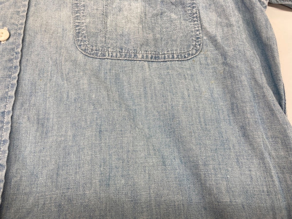 ダブルアールエル RRL 90s 三ツ星タグ SHIRT ステンカラー 猫目ボタン 胸ポケット ヴィンテージ VINTAGE ラルフローレン RALPH LAUREN コットン モーリシャス製 ライトブルー 青 無地 ブルー Mサイズ 104MT-2024
