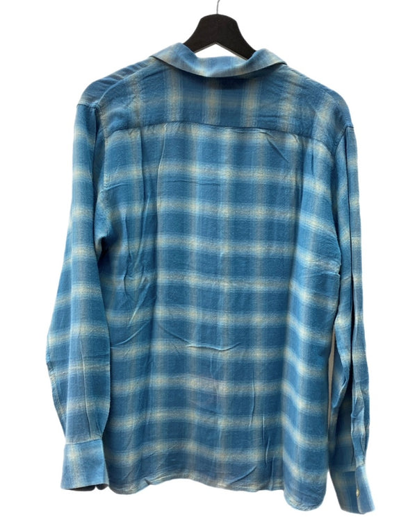 アベイシングエイプ A BATHING APE URSUS BAPE オンブレ チェック オープンカラー シャツ レーヨン 青 長袖シャツ チェック ブルー Lサイズ 104MT-2037