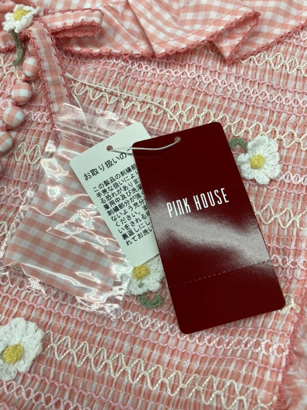 ピンクハウス PINKHOUSE スモッキング 刺繍使い ギンガムチェック ブラウス フリル サイドリボン 花 PINK A2141FB 368 ノースリーブ 刺繍 ピンク 104LT-15