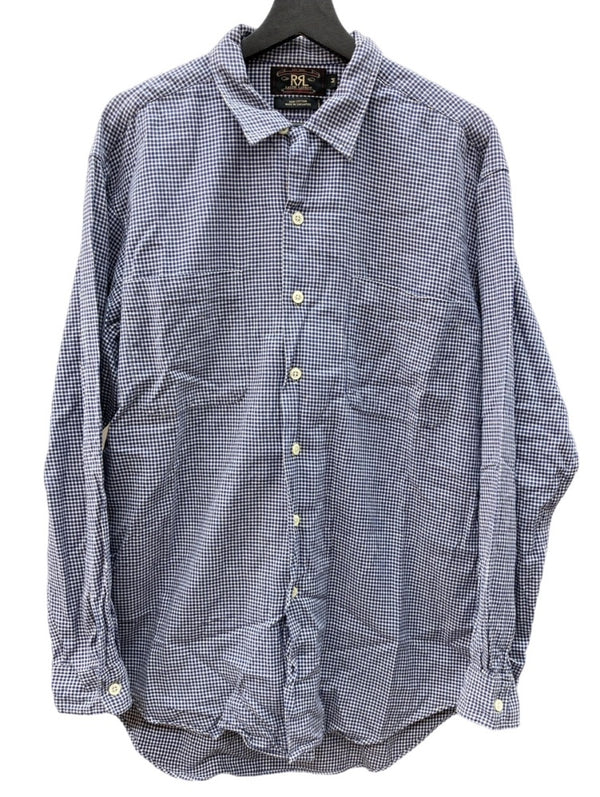ダブルアールエル RRL 90s 三ツ星タグ SHIRT ステンカラー オープンカラー 開襟 フロントボタン ヴィンテージ VINTAGE ラルフローレン RALPH LAUREN ギンガムチェック コットン シンガポール製 BLUE 青 長袖シャツ 総柄 ブルー Mサイズ 104MT-1972