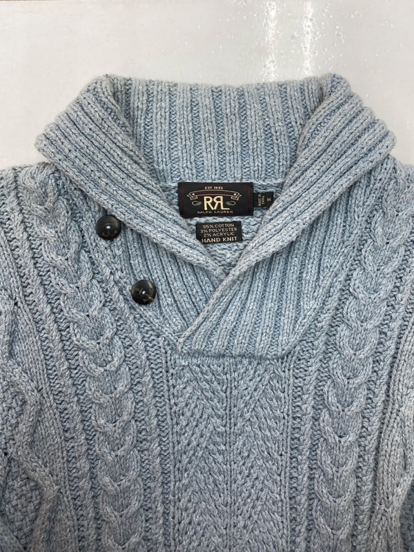ダブルアールエル RRL SHAWL COLLAR KNIT ショール カラー ニット セーター ケーブル編み ハンドニット Ralph Lauren 青 セーター 無地 ブルー Mサイズ 104MT-1522