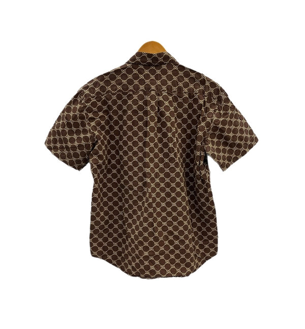 ステューシー STUSSY 90s 90's OLD STUSSY モノグラム 総柄 紺タグ USA製 SSリンクロゴ 半袖シャツ ベージュ Sサイズ 101MT-5000