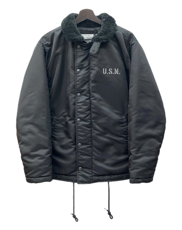ヒューストン HOUSTON NYLON N-1 DECK JACKET ナイロン デッキ ジャケット 襟ボア ジップアップ アウター 黒 51459 ジャケット プリント ブラック Lサイズ 104MT-1433