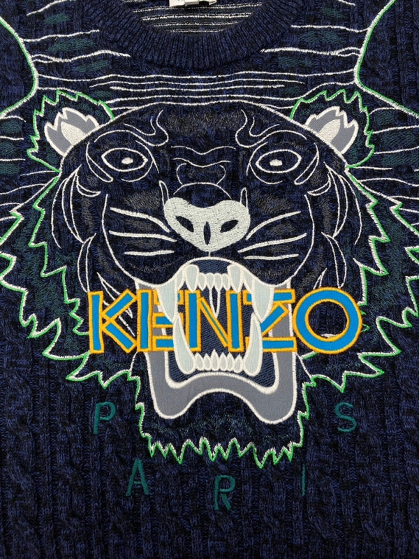 ケンゾー KENZO CREWNECK TIGER KNIT クルーネック タイガー ニット セーター ラメ 刺繍 厚手 長袖 紺 F965PU2513XE セーター ロゴ ネイビー XLサイズ 104MT-1964