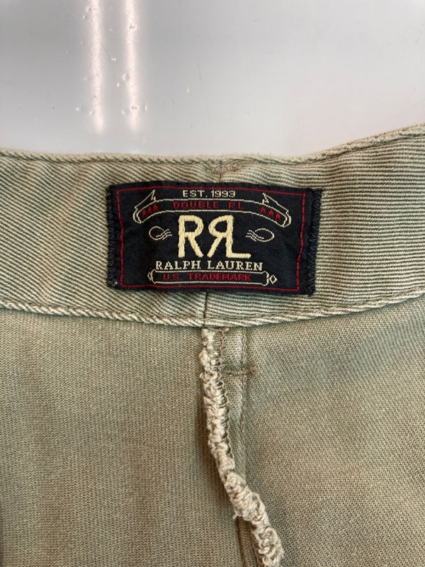 ダブルアールエル RRL 90s CARGO PANTS カーゴ パンツ ボタンフライ ワーク トラウザーズ 三ツ星タグ USA製 Ralph Lauren 緑 無地 カーゴパンツ カーキ 31×32 104MB-340