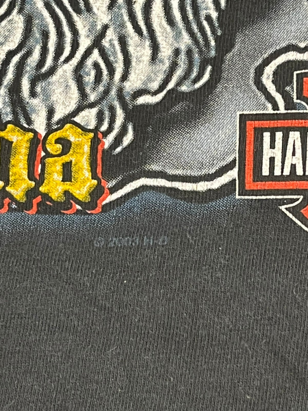 ハーレーダビッドソン Harley-Davidson 00’s  バーアンドシールドロゴ モーターサイクル パイレーツ 海賊 フレイム ファイヤーパターン 袖プリント 両面プリント VINTAGE ヴィンテージ ポケット ロングスリーブ ロンT ブラック Lサイズ 101MT-4572