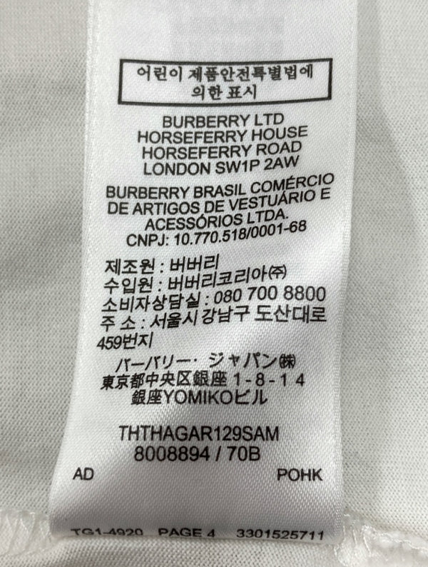 バーバリー Burberry LONDON ENGLAND by Riccardo Tisci リカルド ティッシ 半袖 カットソー クルーネック WHITE 白 THTHAGAR129SAM 8008894 Tシャツ ロゴ ホワイト XSサイズ 104LT-88