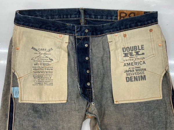 ダブルアールエル RRL DENIM PANTS デニム パンツ 赤耳 セルビッチ ボタンフライ ジーパン ジーンズ USA製 Ralph Lauren インディゴ 青 ロゴ デニム ブルー 34×32 104MB-352