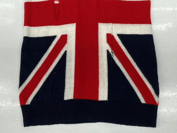 バルマン BALMAIN DAMAGE KNIT ダメージ ニット ユニオンジャック ショルダーボタン ダメージ加工 クルーネック 国旗 白 赤 紺 セーター 総柄 レッド Sサイズ 104MT-1082