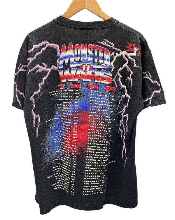 ヴィンテージ vintage 90s HOT ROD MONSTER WARS TOUR モンスター トラック ウォーズ モータースポーツ 袖シングル 総柄 US古着 Tシャツ ブラック Lサイズ 101MT-2971